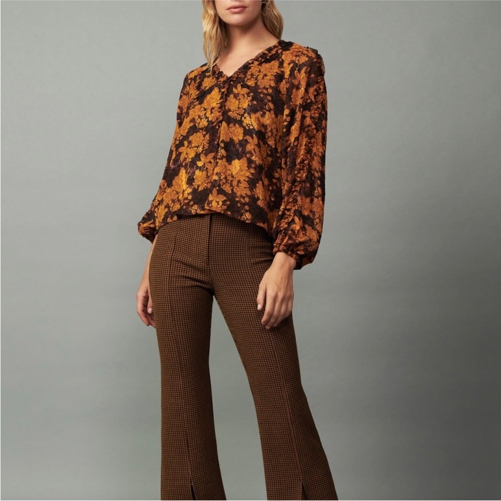 Current Air Brown Copper V-neck Fall Floral Boho Blouse Ruffles Jacquard Size S